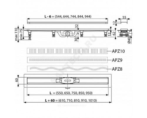 Лоток душев гор/вып комб/затв Дн40 850х60 нерж/реш Alca APZ10-850M.