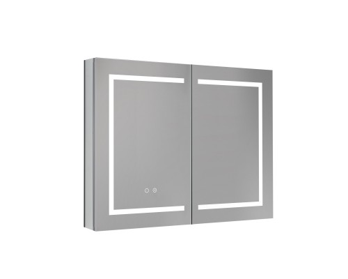 AQ7904-MLC Алюминиевый зеркальный шкаф с подсветкой 900700133,крепеж.Две зерк. дверцы 44,85см, две стекл.полк, круговая подсветка, антизапотевание AQ7904-MLC