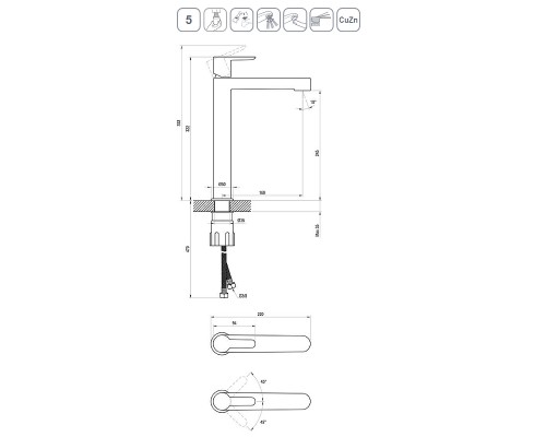 Смеситель для умывальника без донного клапана PU 015.20 высокий черный X070182