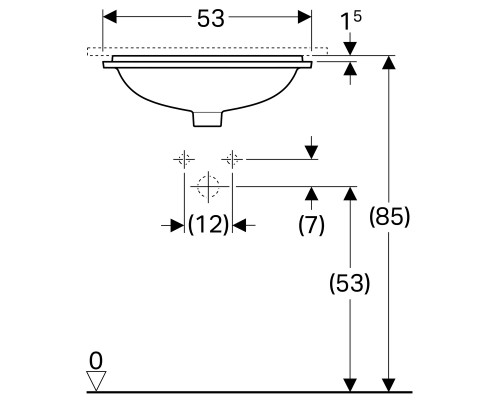 500.760.01.2 Geberit VariForm Раковина с установкой под столешницу прямоугольной формы, Т1=45х35 см, без отв. под смеситель, с отв. перелива 500.760.01.2