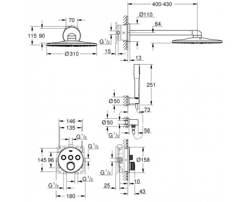 34705000 Grohtherm SmartControl Душевая система с душевым гарнитуром и верхним душем Rainshower SmartActive 310, хром 34705000