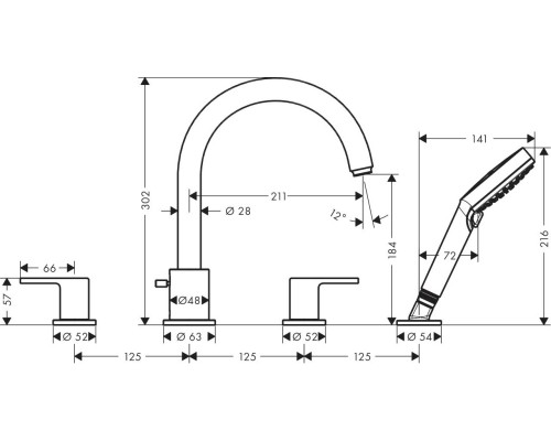 71459670S Set HG Vernis Shape смеситель на край ванны на 4 отверстия (71459670+13244180), матовый черный 71459670S