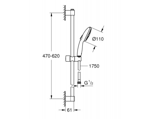 261622433 Tempesta 110 Душевой гарнитур, 2 режима струи (Rain, Jet), душевая штанга 600 мм, шланг 1750 мм, матовый чёрный 261622433