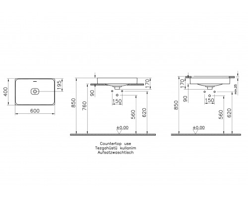 7535B003-0673 Раковина-чаша Metropole, прямоуг 60 см, c переливом, цвет белый. Нажимной керамический донный клапан в комплекте 7535B003-0673