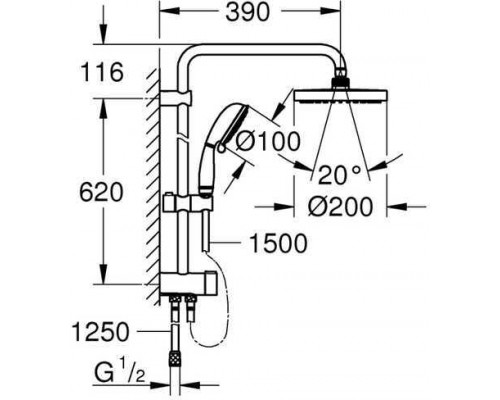 27399002 Tempesta New Rustic 200 Душевая система с переключателем (без смесителя), хром 27399002