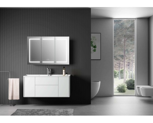 AQ7904-MLC Алюминиевый зеркальный шкаф с подсветкой 900700133,крепеж.Две зерк. дверцы 44,85см, две стекл.полк, круговая подсветка, антизапотевание AQ7904-MLC