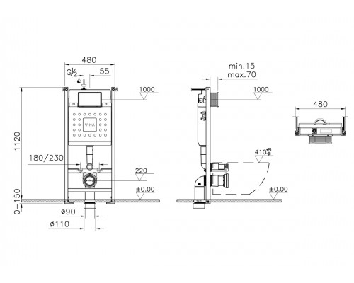 9856B003-7200 Комплект: Mia Round подвесной Безободковый унитаз + тонкое сиденье МЛ+ инсталляция + панель смыва матовый хром 9856B003-7200