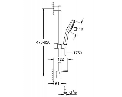 27928003 Tempesta Cube 110 Душевой гарнитур, 2 реж струи, душ штанга 600 мм, шланг 1750 мм, полочка, max расход 13,5 л/мин, хром (аналог арт.27928002) 27928003