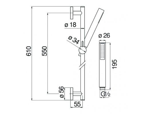 AD140/37FLP душевой гарнитур 60 см 1jet, глянцевый черный AD140/37FLP