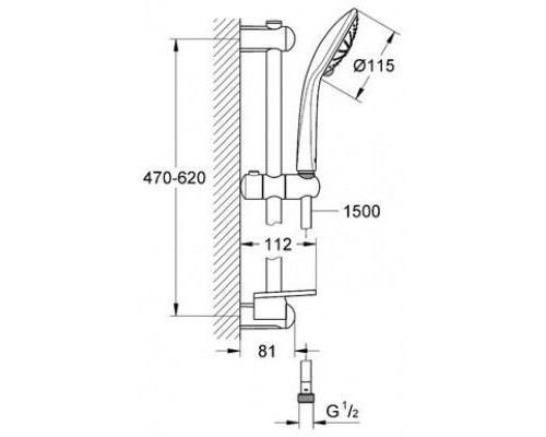 27243001 Euphoria 110 Душевой гарнитур III, душевая штанга 600 мм, шланг 1500 мм, 9,5 л/мин, полочка, хром 27243001