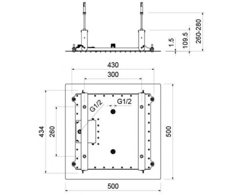 AQ2082CR верхний душ 500500 мм, 2 jet (внешняя и скрытая часть) AQ2082CR