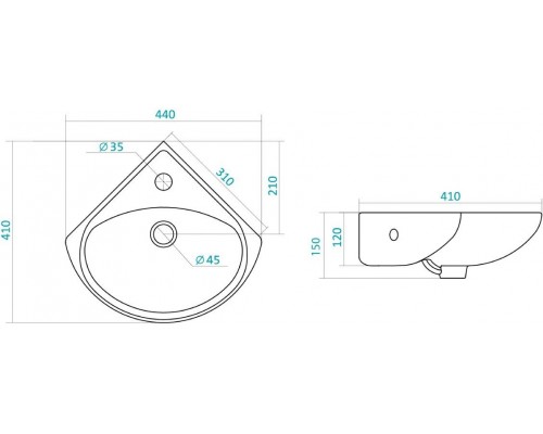 1.WH11.0.514 ИРИС умывальник 36 см (угловой, 1 отв.) 1.WH11.0.514