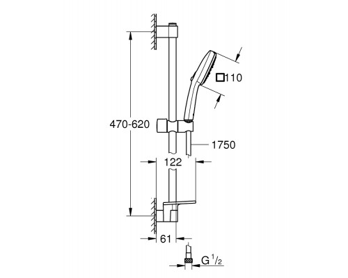 27576003 Tempesta Cube 110 Душевой гарнитур 3 режима струи, душевая штанга 600 мм, шланг 1750 мм, 8,4 л/мин, полочка, хром (замена 27576002) 27576003