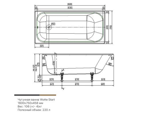 Wotte Start УР 1600х750х458 ванна чугунная c отверстиями для ручек (БП-00000002) Start 1600x750UR