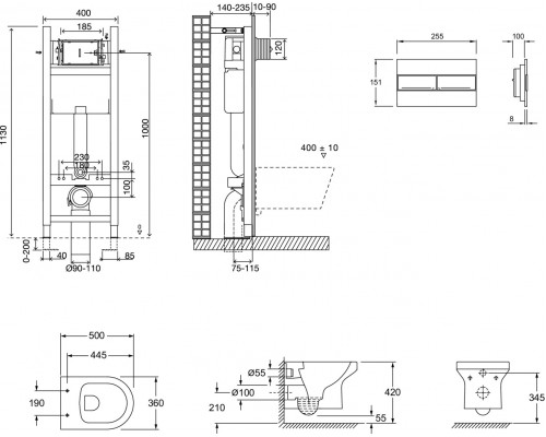 E21755RU-00 Подвесной унитаз c инсталляцией 40 см Elite, сиденье тонкое микролифт, клавиша белая (E33131RU+EDX114RU+E4316-00) E21755RU-00