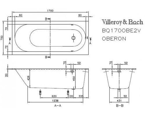 UBQ 170 OBE 2V-01 OBERON Solo Ванна 170x75, с ножками, белая, материал кварил Quaryl®, вкл. сверло для перелива UBQ170OBE2V-01