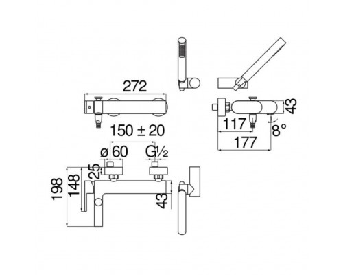 UP94110BM UP смеситель для ванны с душевым набором, матовый черный UP94110BM