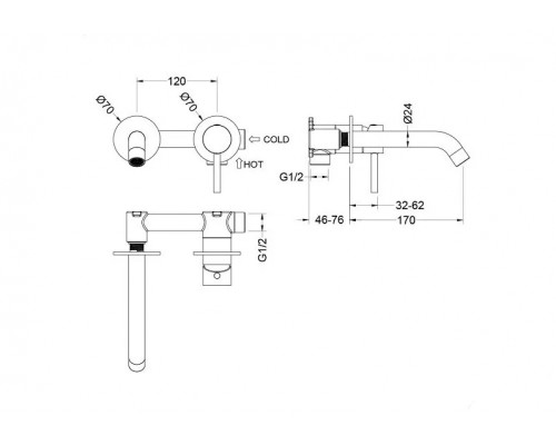 AQ1313BGM ЕВРОПА смеситель для раковины настенный 2 отв. (внешняя и скрытая часть), оружейная сталь (шлиф. черный хром) AQ1313BGM
