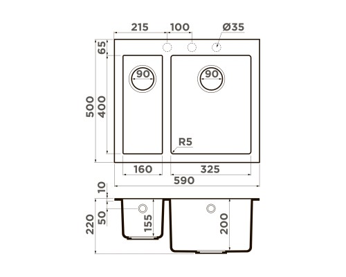 Omoikiri Bosen 59-2A-GR Кухонная мойка Artceramic 59x50 см, цвет: leningrad grey 4993822