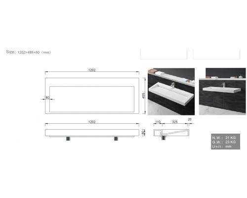 Armadi Art Flat Раковина подвесная прямоугольная 120,2х45,5х8h см, цвет: белый 859-120