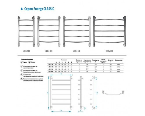 Водяной полотенцесушитель Energy Classic 600x400 черный матовый (RAL 9005)