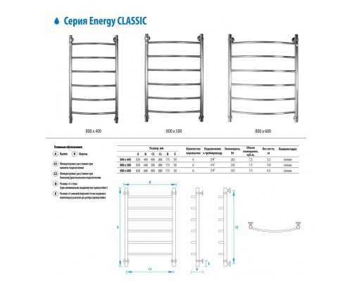 Водяной полотенцесушитель Energy Classic 800x600