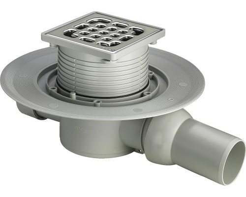 557119 Трап с изоляц. фланцем, гидрозатвором, 0,6 л/сек, решеткой из нерж. 100х100мм, шарнирн. отводом, пласт/серый, модель 4935.1 557119