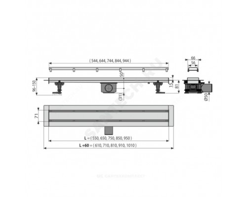 Лоток душев гор/вып комб/затв Дн50 550х71 нерж/реш комб Alca AG071401550