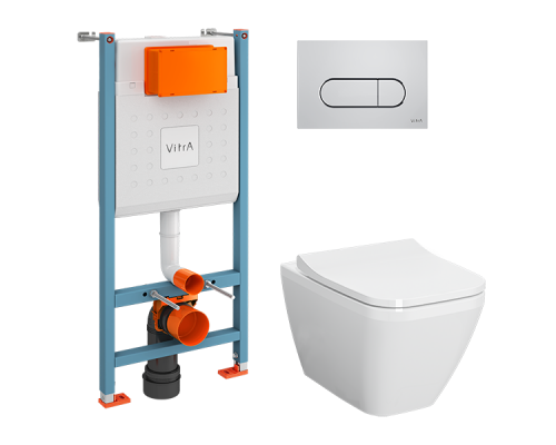 Комплект с унитазом, Vitra, L-Box, Integra Square, подвесной, шгв 365-545-345, с инсталляцией, цвет унитаза/сиденья-белый, цвет клавиши-хром глянцевый