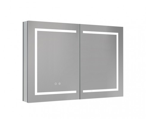 AQ7104-MLC Алюминиевый зеркальный шкаф с подсветкой 1000700133,крепеж.Две зерк. дверцы 49,85см, две стекл.полк, круговая подсветка, антизапотевание AQ7104-MLC