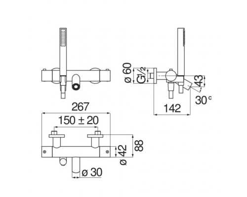 VE125010/2FLP VELIS термостатический смеситель для ванны, с ручным душем и шлангом 150 см, глянцевый черный VE125010/2FLP