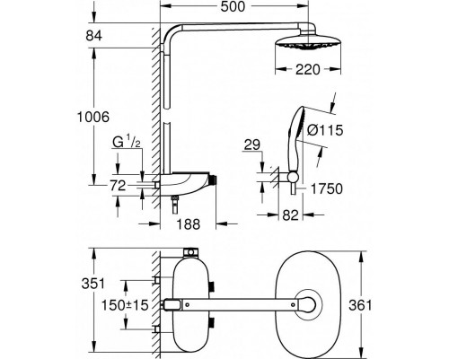 26250000 Rainshower SmartControl 360 DUO Душевая система с термостатическим смесителем для настенного монтажа, 3 режима верхнего душа, хром 26250000