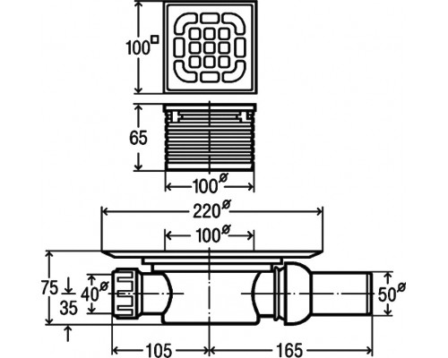 557119 Трап с изоляц. фланцем, гидрозатвором, 0,6 л/сек, решеткой из нерж. 100х100мм, шарнирн. отводом, пласт/серый, модель 4935.1 557119