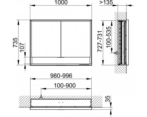 14314171301 ROYAL LUMOS Зеркальный шкаф 1000x165x735 mm для встраиваемого монтажа, 2 поворотные дверцы с двусторонним озеркаливанием, сенсорные клав 14314171301