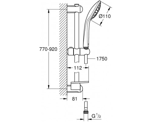 27267001 Euphoria 110 Душевой гарнитур I, душевая штанга 900 мм, шланг 1750 мм, полочка, хром 27267001