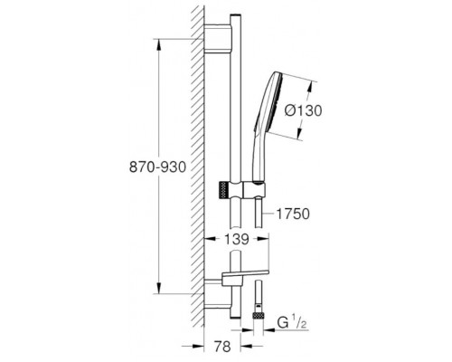 26578000 Rainshower SmartActive 130 Душевой гарнитур III, душевая штанга 900 мм, шланг 1750 мм, полочка, хром 26578000