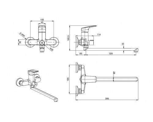 AQ1042CR ВЕГА смеситель для ванны с длинным изливом AQ1042CR