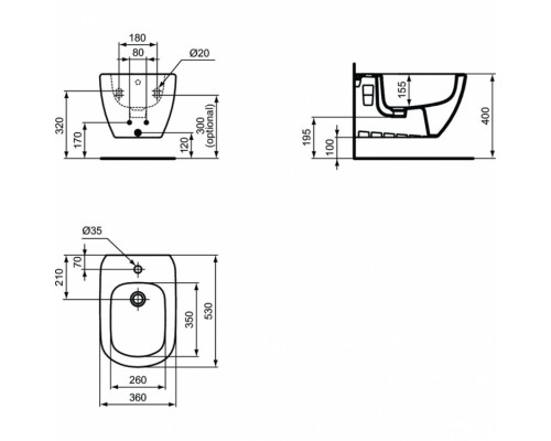 T3552V3 TESI Подвесное биде, с отверстием под смеситель, с отверстием перелива, с крепежом TT0299598(для скрытого монтажа)Silk Black (Черный матовый) T3552V3