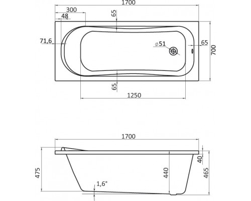 1.WH30.2.207 ТЕНЕРИФЕ 170х70 ванна акриловая прямоугольная белая 1.WH30.2.207