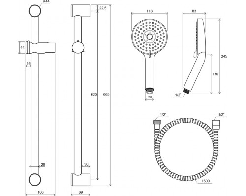 Душевой гарнитур - шланг 150 см, душевая лейка Flat M (3 функции), держатель (60см) 922.00 X07S003