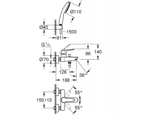 25276003 Eurosmart Смеситель однорычажный для ванны c душ набором (руч душ Tempesta 110 + душ шланг 1500 мм + держатель), хром (аналог арт. 3330220A) 25276003