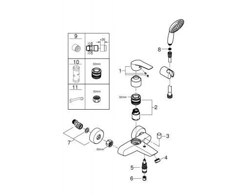 25276003 Eurosmart Смеситель однорычажный для ванны c душ набором (руч душ Tempesta 110 + душ шланг 1500 мм + держатель), хром (аналог арт. 3330220A) 25276003
