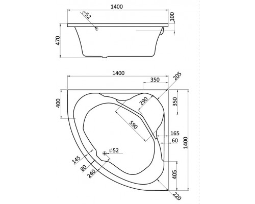 1.WH11.1.982 КАРИБЫ 140х140 ванна угловая симметричная акриловая белая 1.WH11.1.982