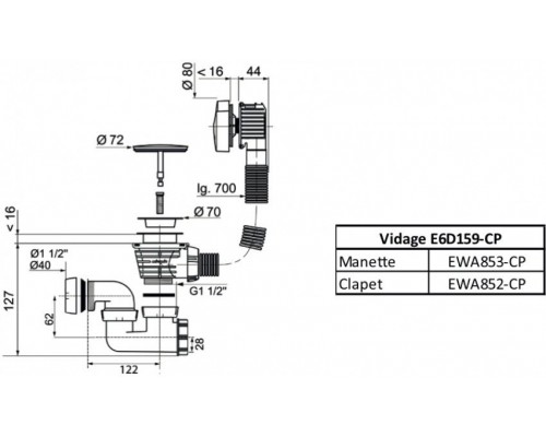 E6D159-CP Слив-перелив 70 см E6D159-CP
