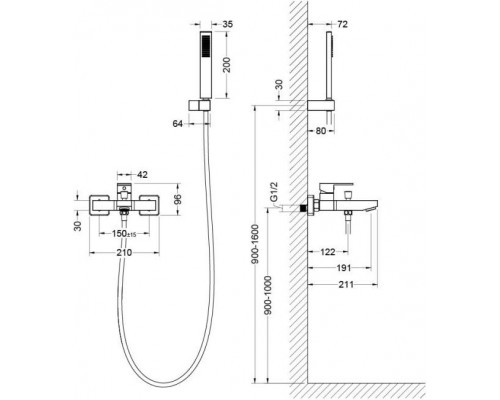 AQ1649MB ЛИБРА смеситель для ванны с душевым набором 1jet, матовый черный AQ1649MB