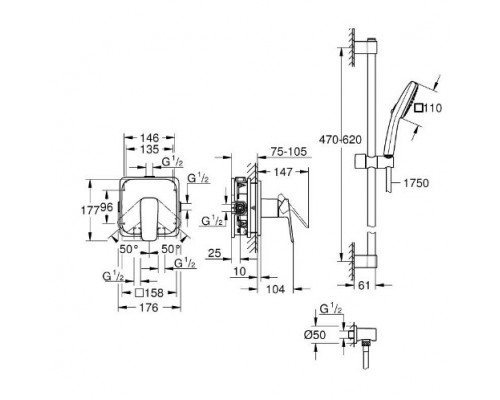 1053350000 CUBEO Душевой комплект (смеситель внутр монтажа для душа без встр части, душ гарнитур Tempesta Cube 110, подкл для душ шланга), хром 1053350000