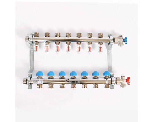Коллекторная группа из нержавеющей стали с термостатическими вентилями и расходомерами REHAU 1"x3/4" 7 выходов