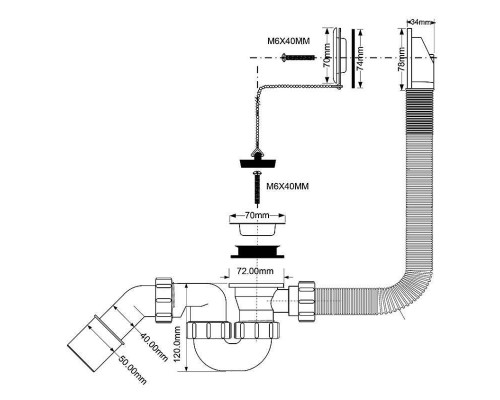 Слив-перелив McAlpine L368 х D34 мм нерж. реш. пробкой и цепочкой выход D=40/50 мм