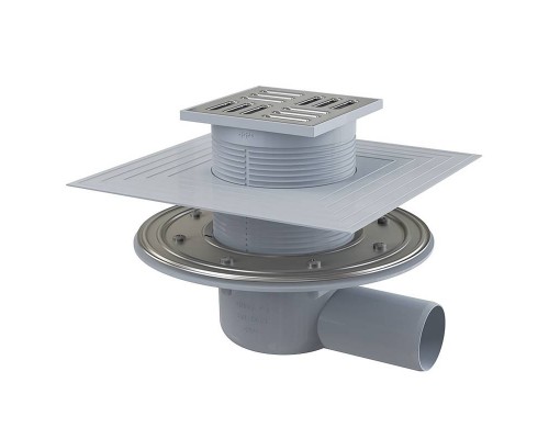 Трап Alcaplast 105 х 105 мм H=88-174 мм г/затвор комбин воротник 2 уров. выпуск 50 мм нерж.сталь Трап Alcaplast 105 х 105 мм H=88-174 мм г/затвор комбин воротник 2 уров. выпуск 50 мм нерж.сталь