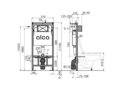 Модуль для подвесного унитаза Alcaplast 112 см кнопка M570 белая с шумоизоляцией